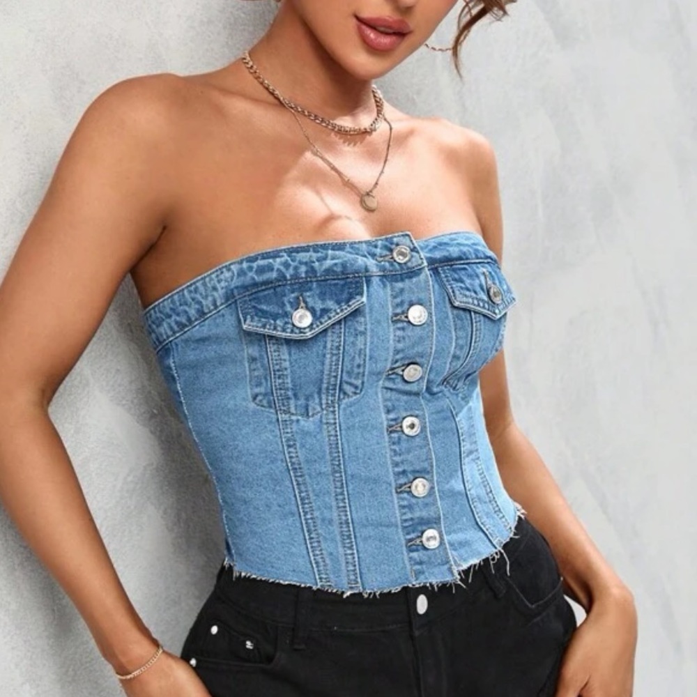 Denim Corset-Style Button Front Tube Top
